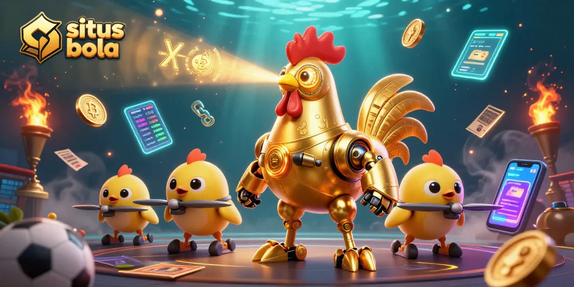 Menangkan taruhan di situs judi bola dengan ilustrasi yang menunjukkan robot ayam berteknologi tinggi.