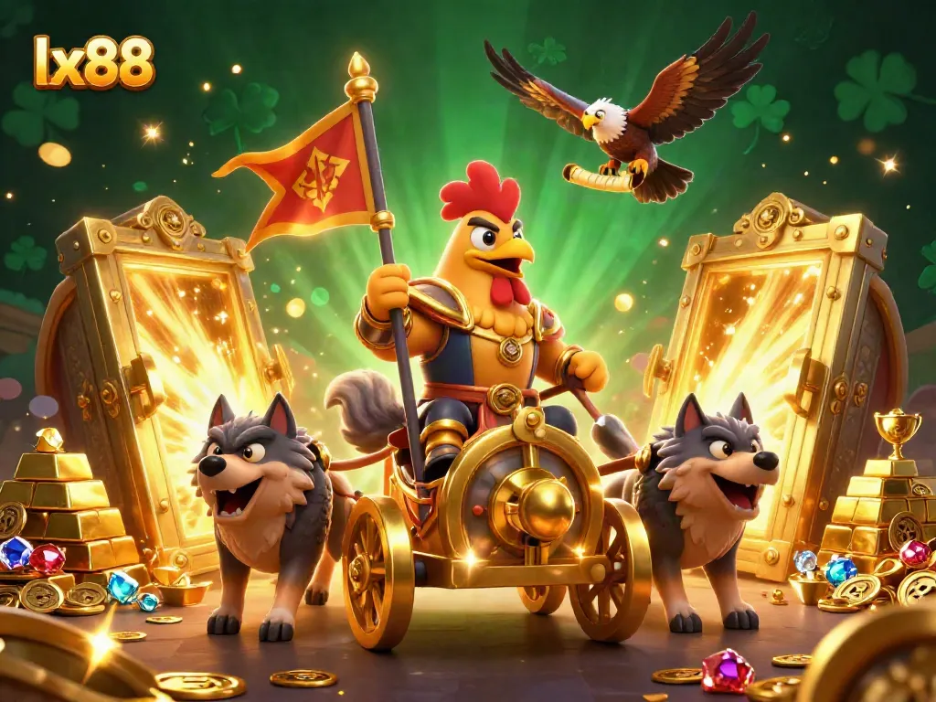 Play and win big at lx88 with a dynamic illustration of casino elements and characters of fortune.