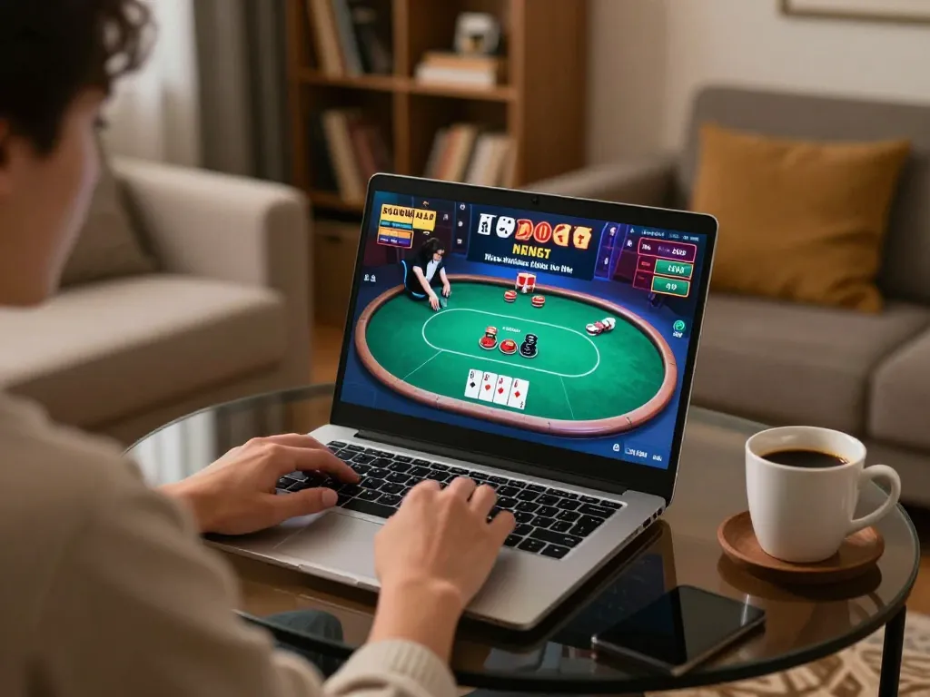 open88 player enjoying an online poker game on a laptop in a cozy home environment