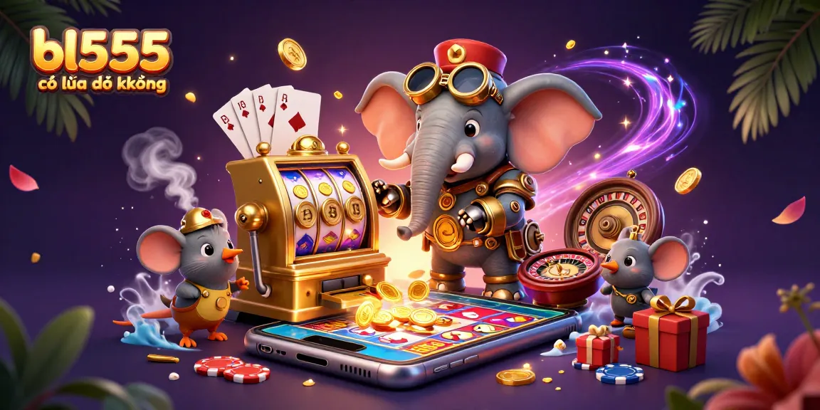 Win big with bl555 có lừa đảo không as a colorful steampunk elephant operates a golden slot machine.