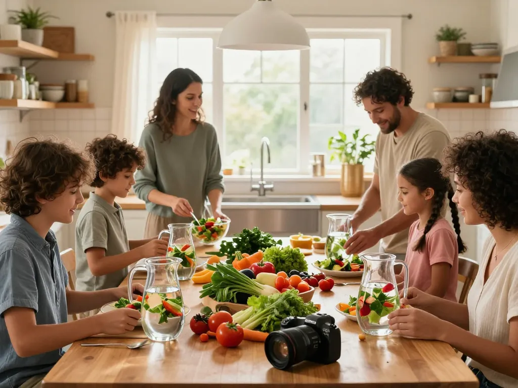Filtrerat vatten förbättrar familjemåltider på https://vattenfilterspecialisten.se/vattenfilter/vattenfilter-kran/ med färska sallader i ett varmt kök.