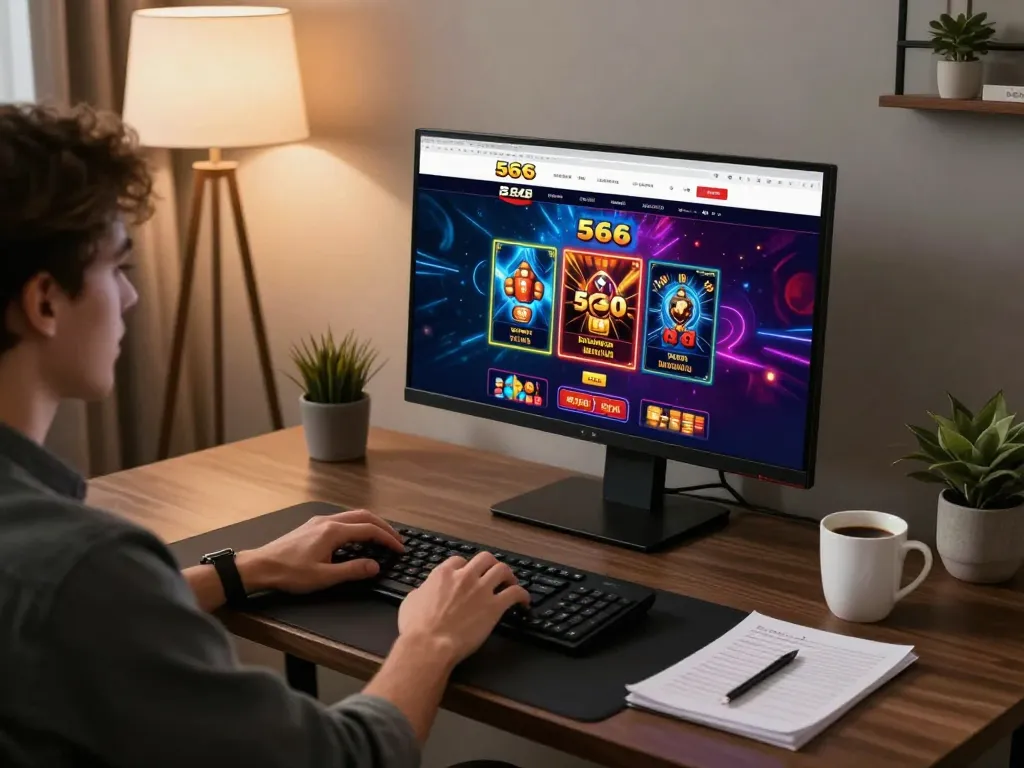 Engaging in online casino games at 566 with vibrant graphics and strategy notes.