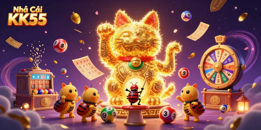 Experience the magic of Nhà Cái KK55 with a vibrant 3D scene of golden lucky cat and colorful casino elements.