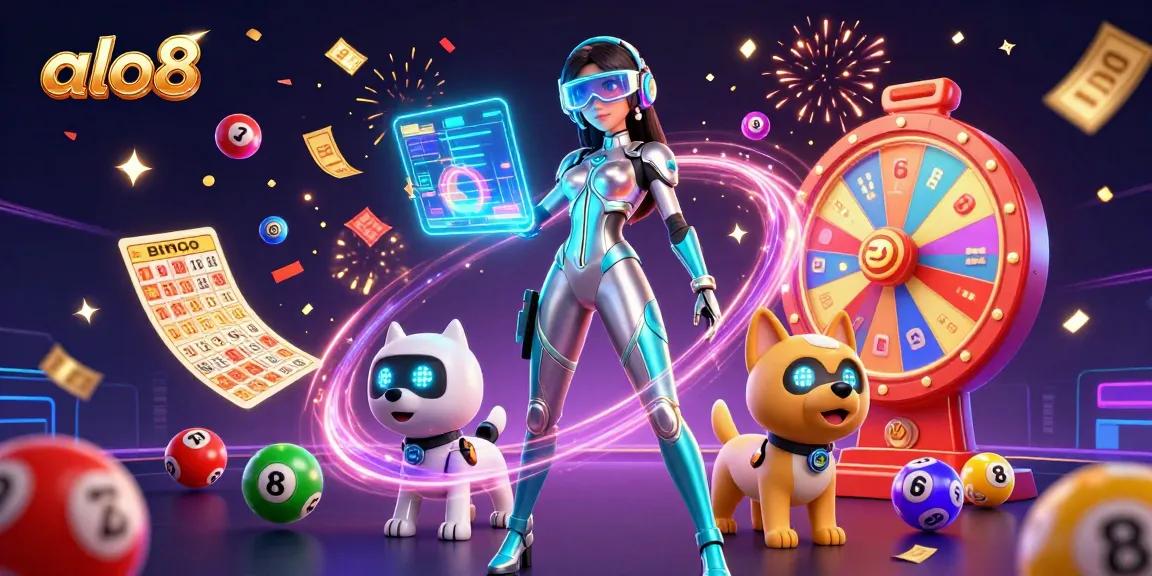 Experience the excitement of playing at alo8 as colorful lottery balls bounce and confetti rains down in this vibrant casino scene.