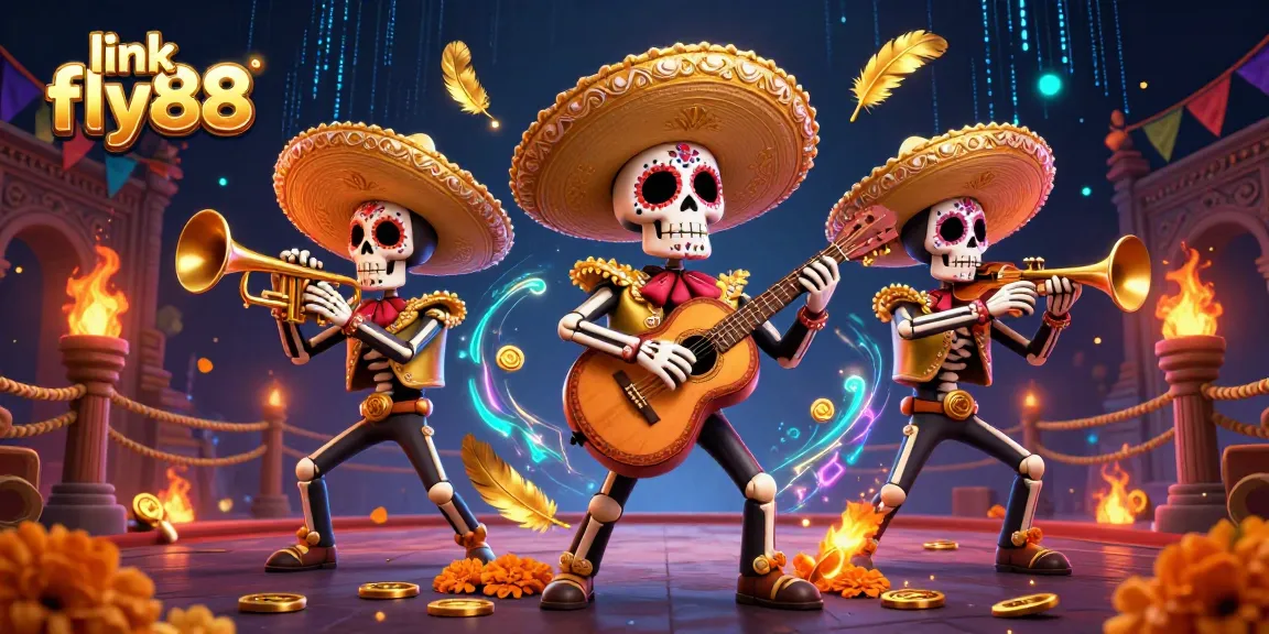 Catch the excitement at link fly88 with a vibrant 3D illustration of a mariachi band amidst gambling elements.