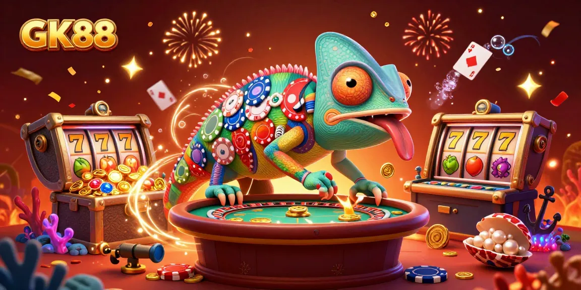 Experience thrilling casino action with GK88, featuring vibrant chameleon owner and dynamic game elements.