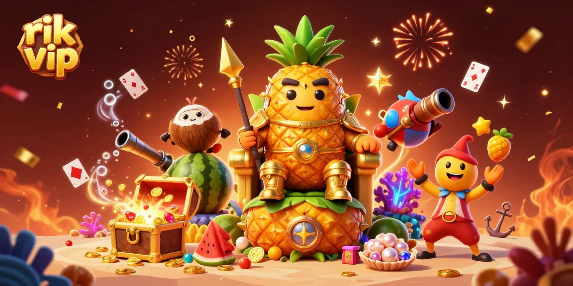 Engage in classic casino excitement at rik vip with a vibrant 3D scene featuring a pineapple king, colorful treasures, and festive elements.