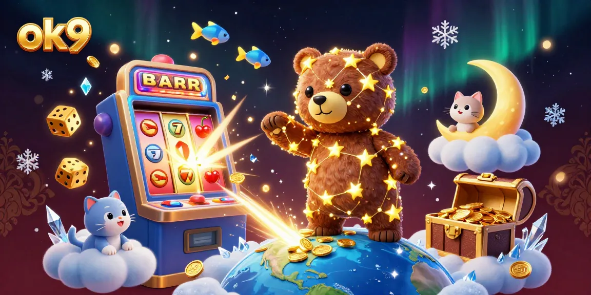 Engage with ok9 and win big at the vibrant online casino illustrated with stars, slots, and treasures.