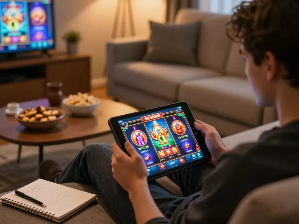Player enjoying RR88 online slots on a tablet in a cozy home setting, emphasizing strategic engagement.