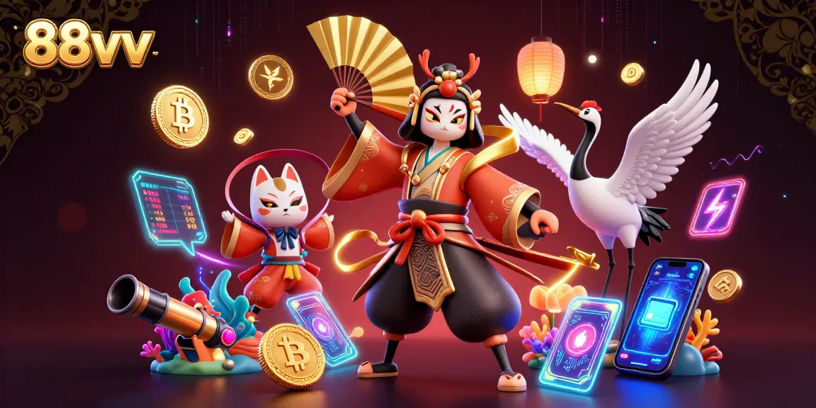Engage with 88vv's dynamic fish shooting game illustration featuring colorful sea creatures and cryptocurrency elements.