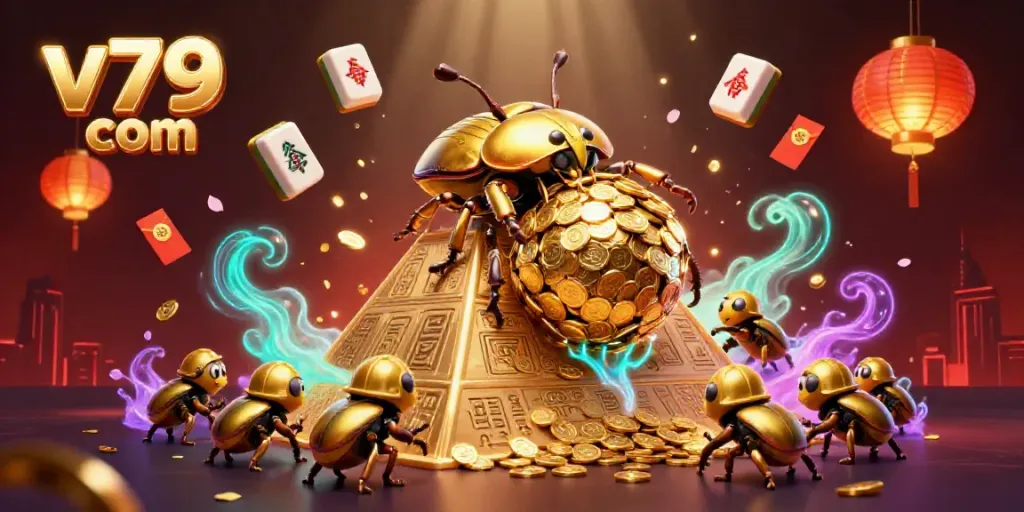 Join the excitement at v79 com with golden beetles celebrating in a vibrant casino-themed scene!
