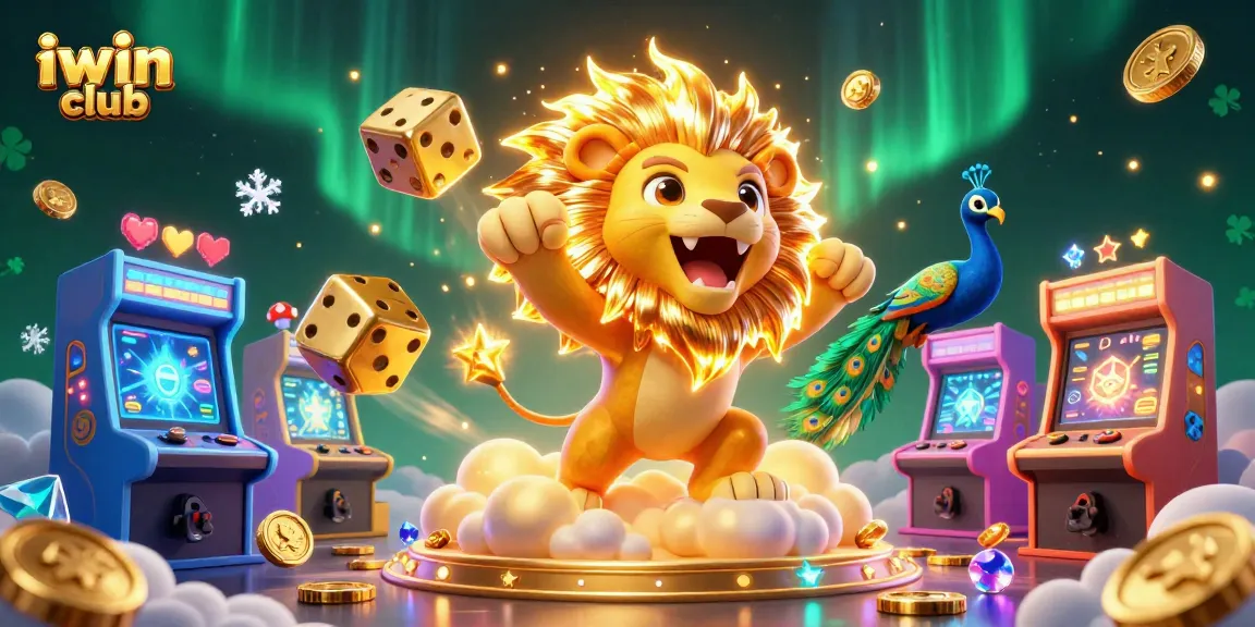 Experience thrilling gameplay at iwin club with vibrant, dynamic casino elements surrounding a roaring sun lion.