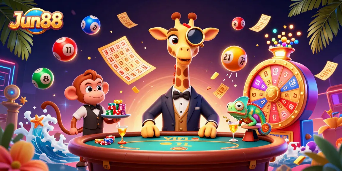 Experience exciting gameplay at Jun88 with a dynamic casino illustration filled with vibrant elements.