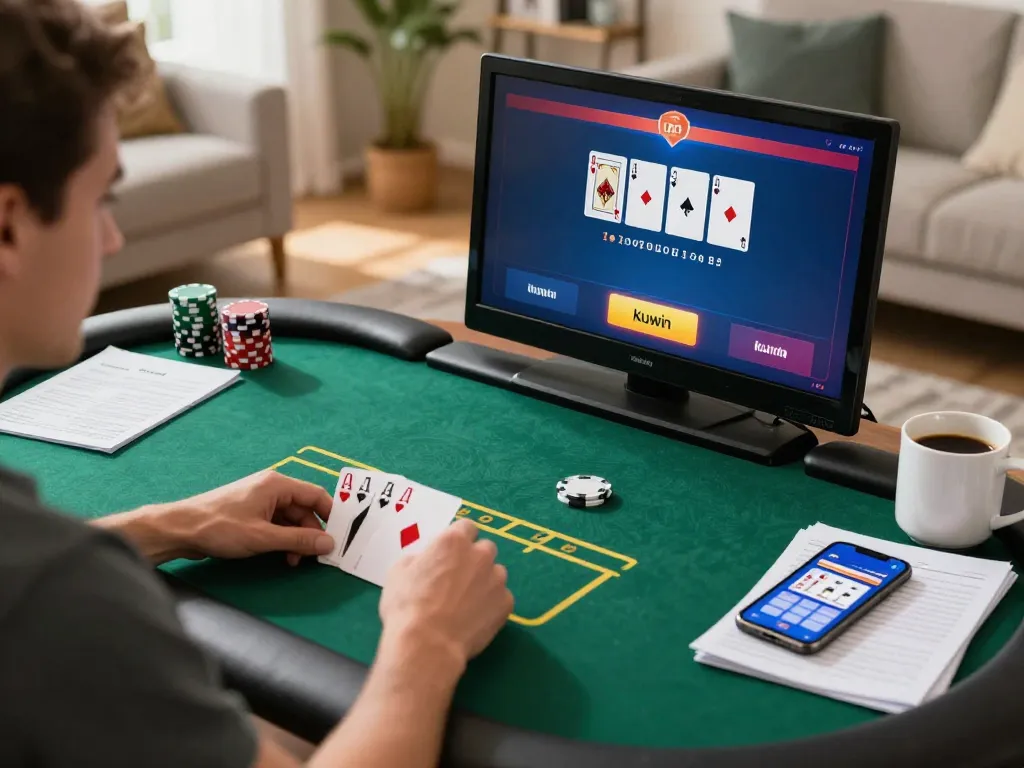 Kuwin players engaging in a poker game while managing their strategy notes and bets.