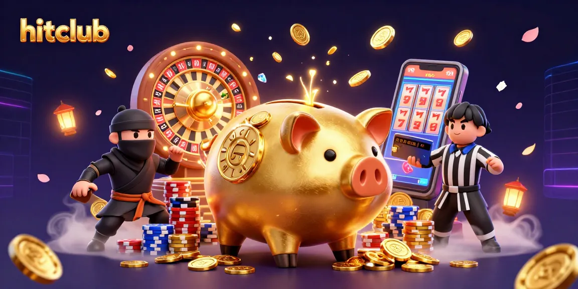 Hitclub's thrilling casino experience with golden piggy bank sumo wrestler, coins, and casino elements.