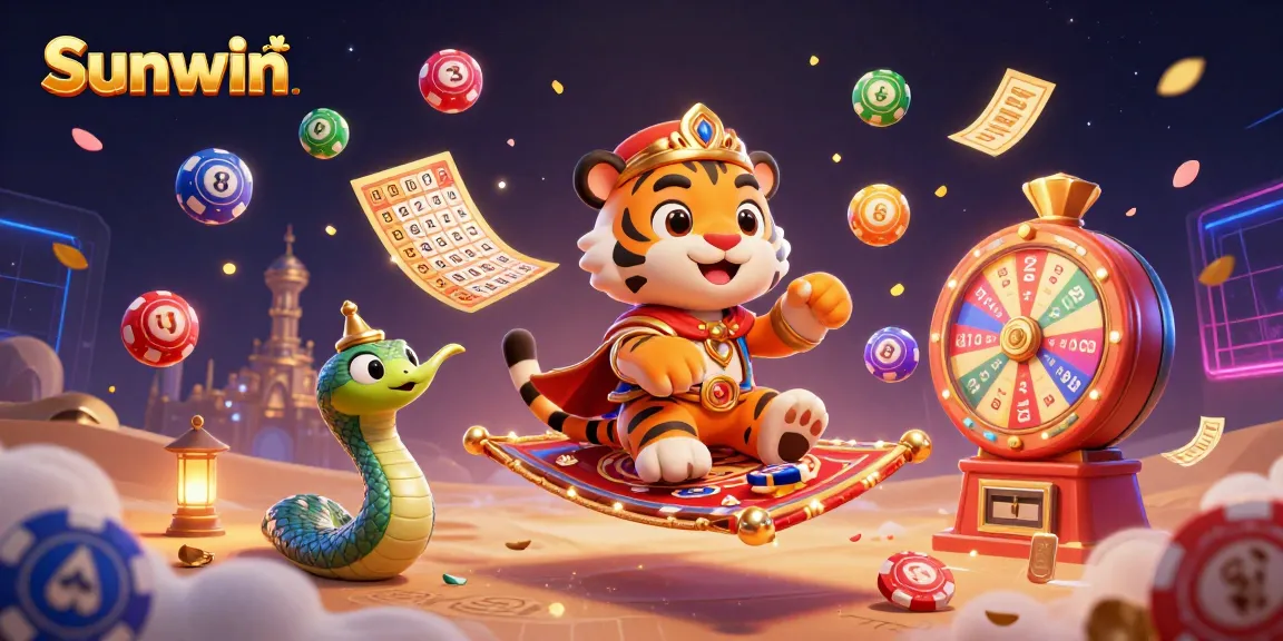 Engage with Sunwin's magical gaming world through vibrant casino elements and dynamic lottery visuals.