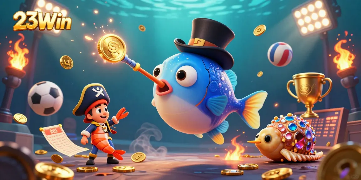 Engage in exciting gameplay at 23Win, experiencing a vibrant underwater casino scene with dazzling treasures.