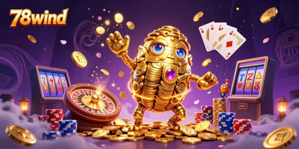 Engage with 78wind's dynamic casino adventure featuring golden golem and lively gaming elements.