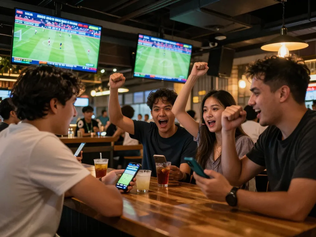 Engaging sports bar scene with enthusiastic patrons participating in kèo bóng đá trực tuyến betting during live matches.