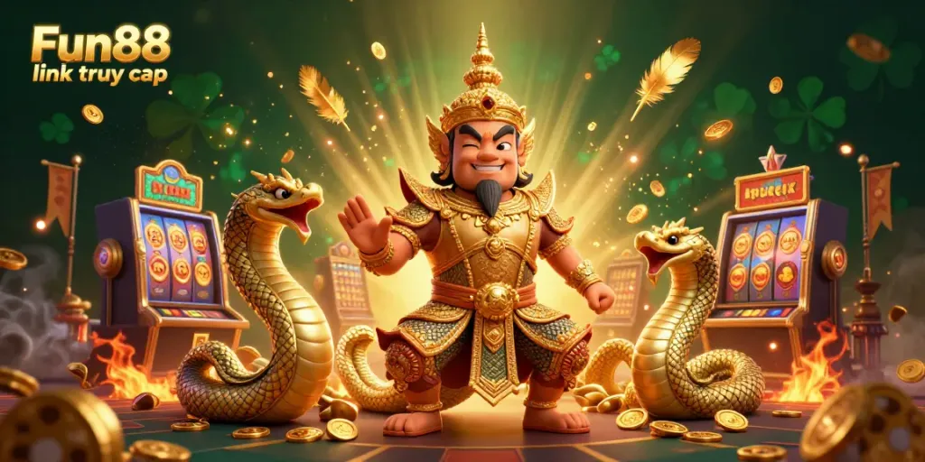Engage with Fun88 link truy cập in a vibrant casino scene featuring a Thai temple guardian and Naga, surrounded by dynamic gaming elements.