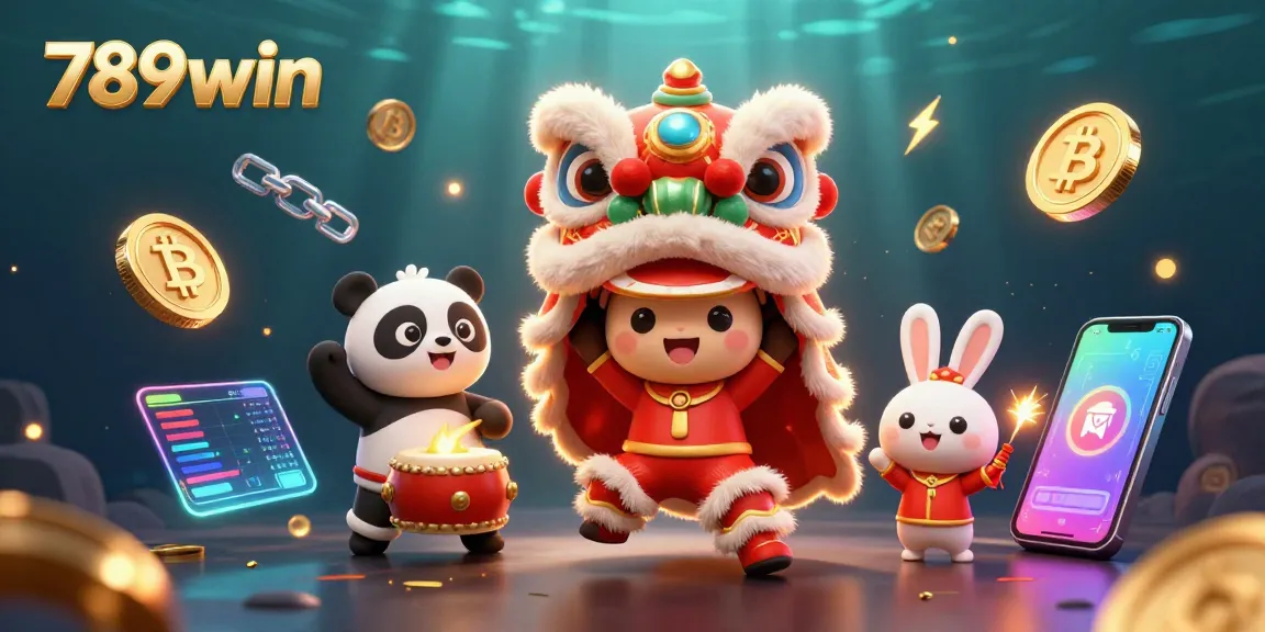 Engage with 789win's vibrant gaming world featuring a lion dance, drumming panda, and crypto symbols.