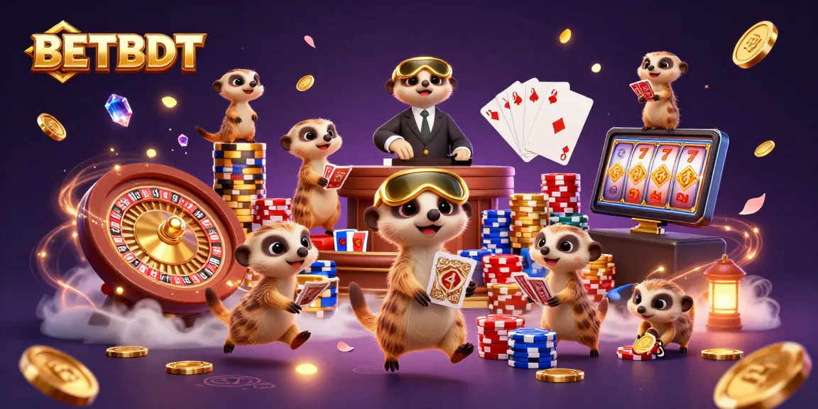 Experience the vibrant casino fun with BETBDT's meerkat characters sneaking winnings amid spinning slots and golden coins.