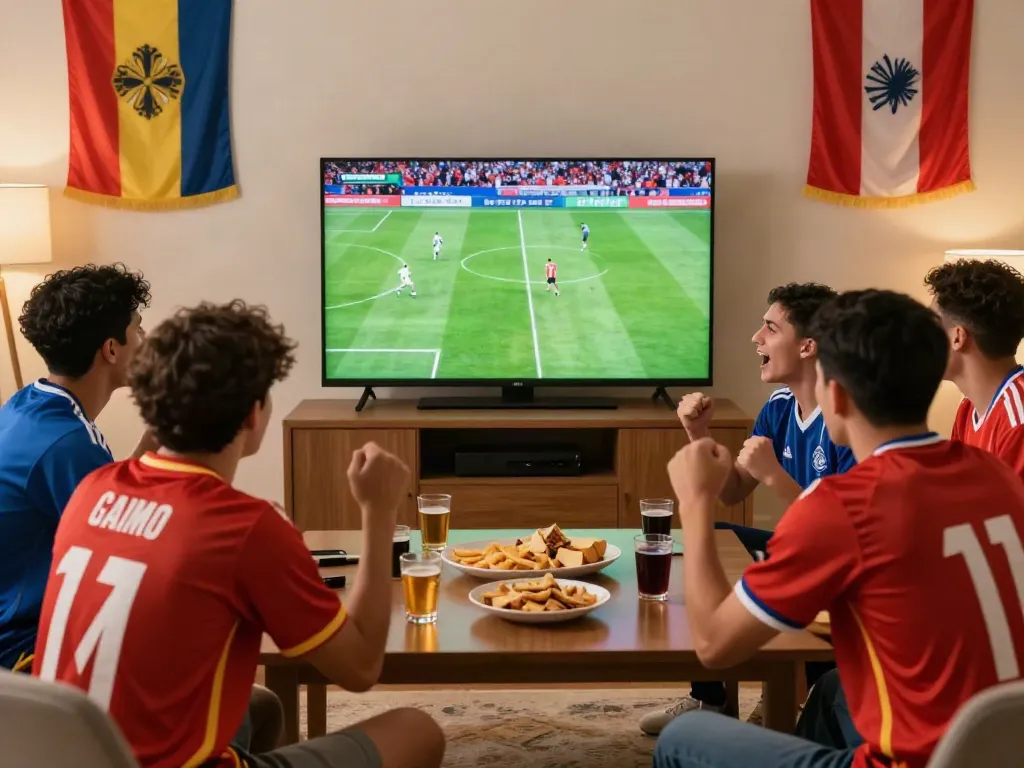 Friends enjoying live soccer on cakhiatv.team with a vibrant atmosphere.