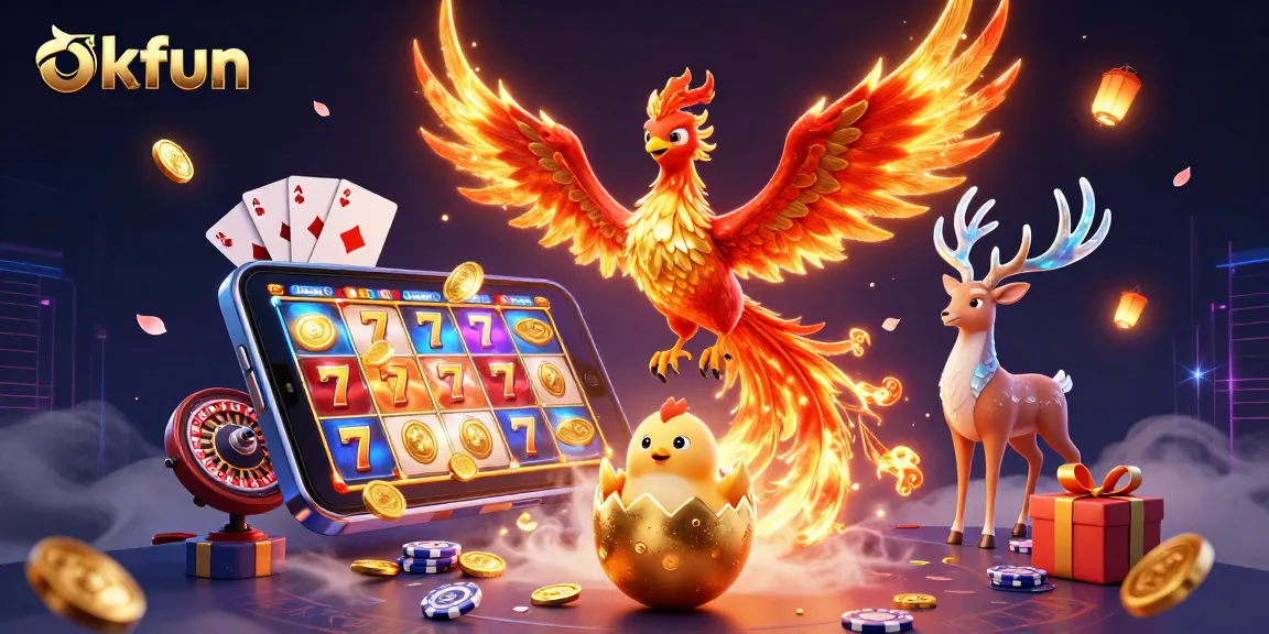 Experience the excitement of okfun with a vibrant 3D phoenix scene showcasing gaming elements, coins, and illuminated characters.