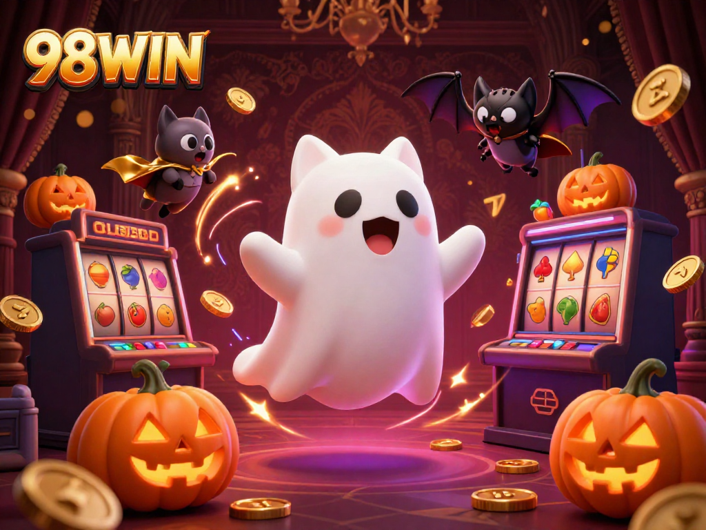Experience dynamic gambling thrills with the 98WIN ghost cat in a bustling haunted casino scene.
