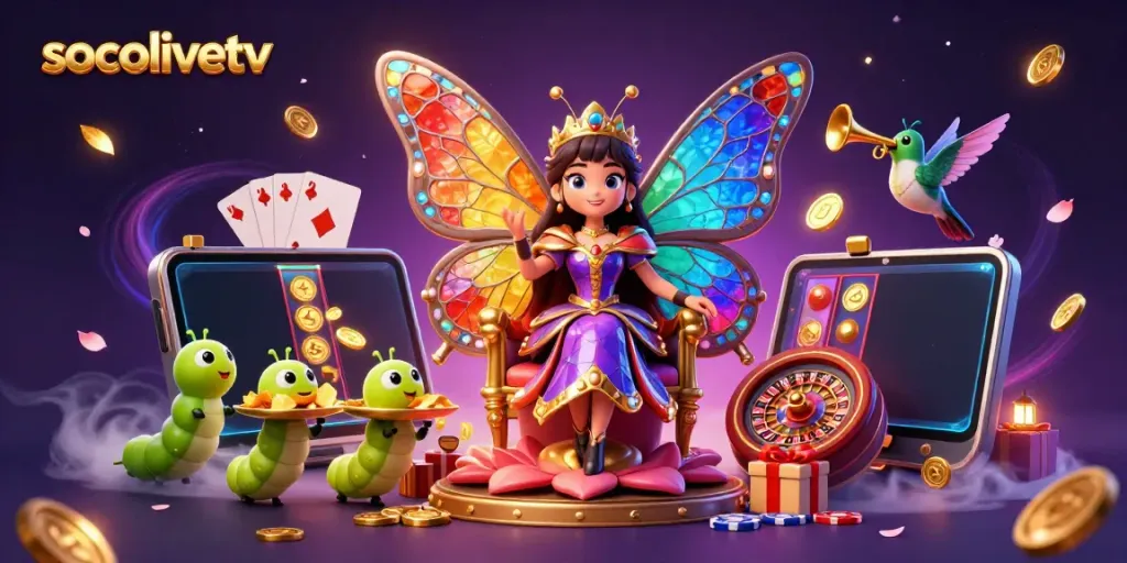Experience exciting gameplay on socolivetv with a vibrant 3D casino scene featuring a butterfly queen.