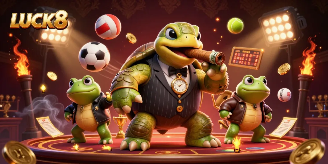 LUCK8 tận hưởng không gian sống động của casino với rùa và vệ sĩ ếch trong môi trường thể thao.