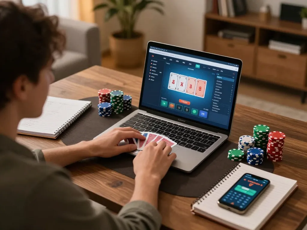 Player analyzing poker hands and strategies using RR99 insights on a laptop in a cozy home setting.