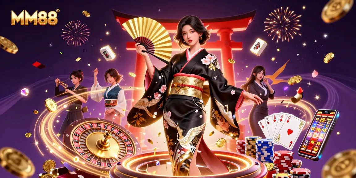 Experience MM88 through engaging gameplay with a stunning illustration of traditional elements and modern casino excitement.