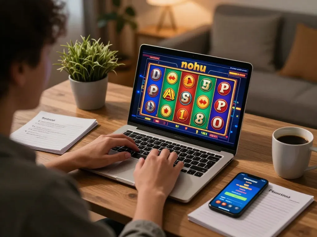 Nohu online gaming scene with player engaged in slot action on laptop