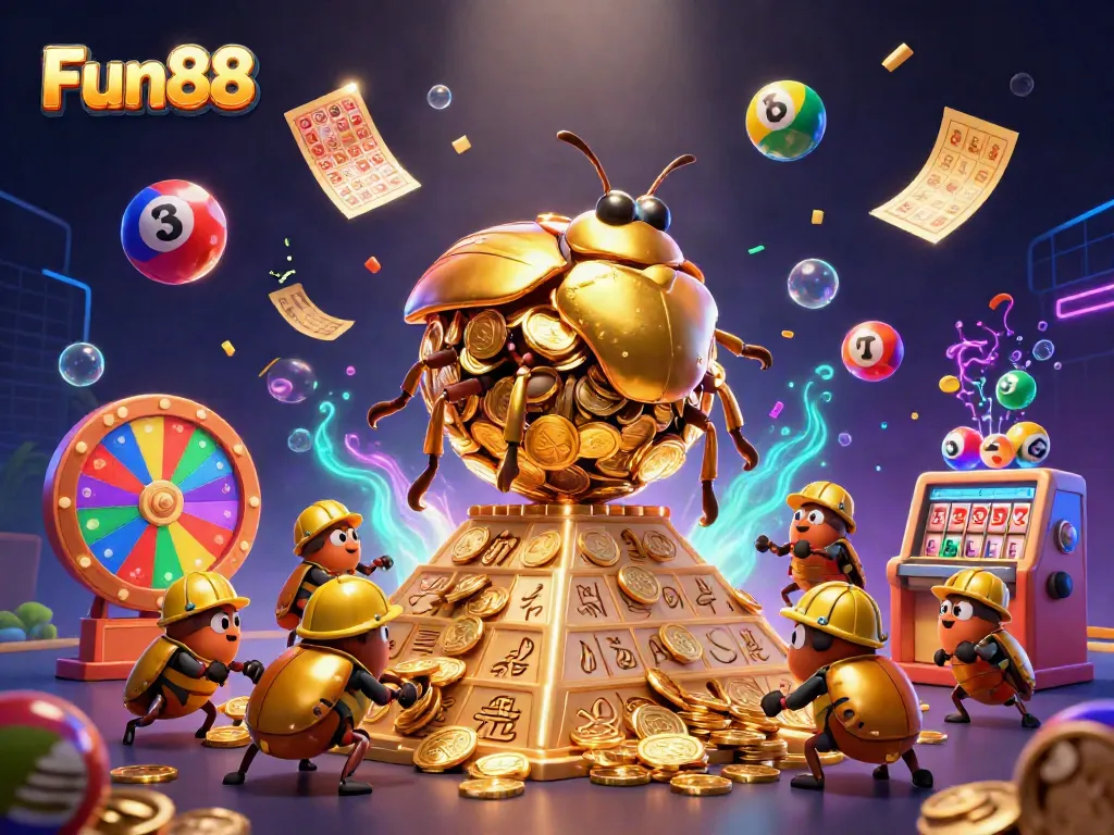 Experience the excitement at Fun88 with vibrant gaming symbols, colorful elements, and energetic scenes.