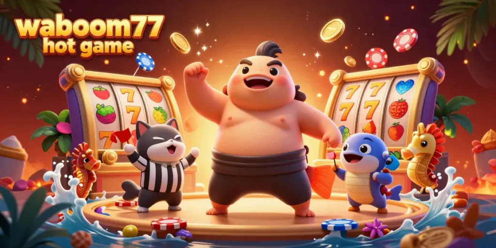 Engage in the exciting waboom77 hot game with vibrant slot reels and lively casino characters.