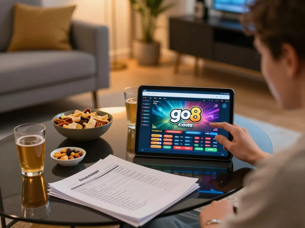 A player engaging with the go8 com casino app on a tablet in a cozy home environment