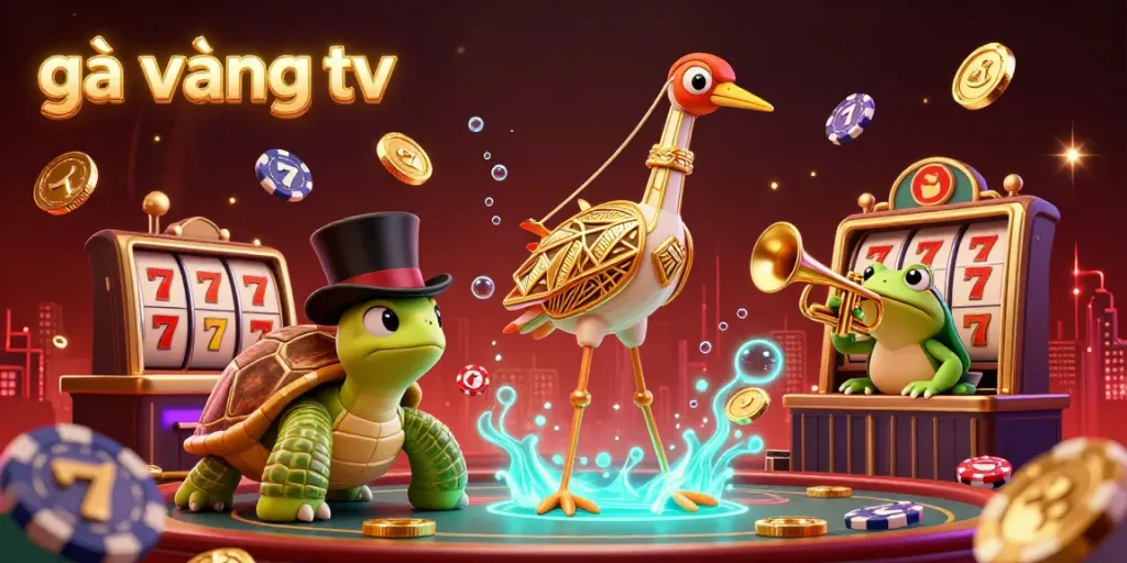 Join the excitement at gà vàng tv with lively casino characters amidst slot reels and vibrant gold coins.