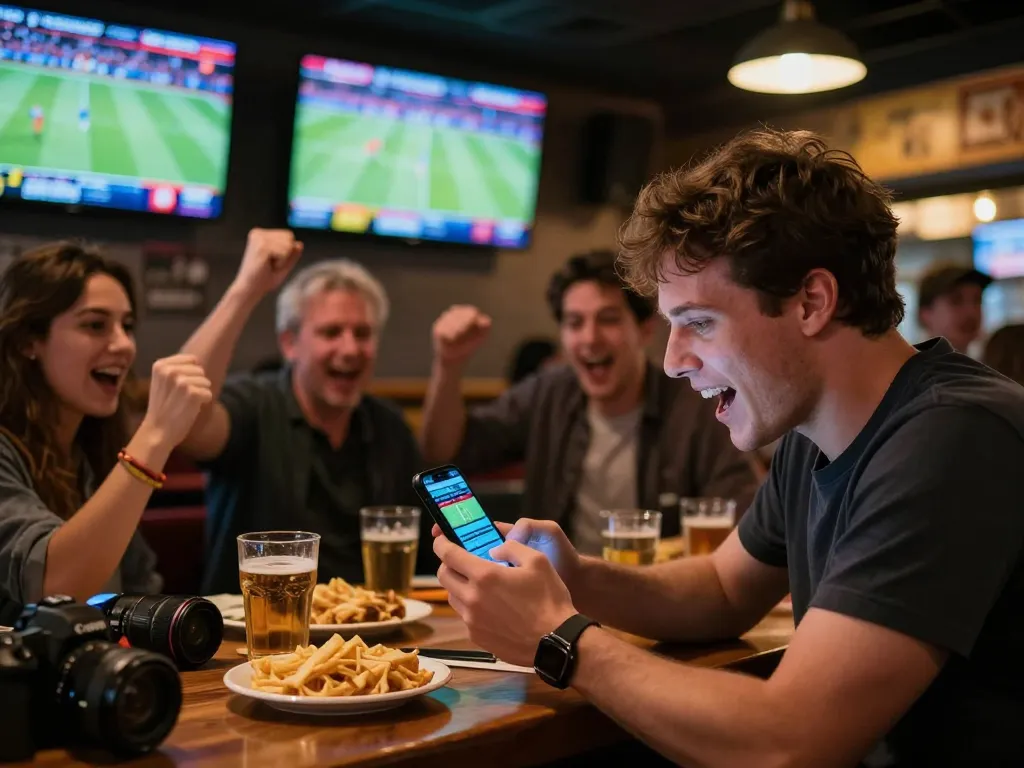 Kèo nhà cái action captured as sports bettor eagerly checks odds on mobile device at sports bar.