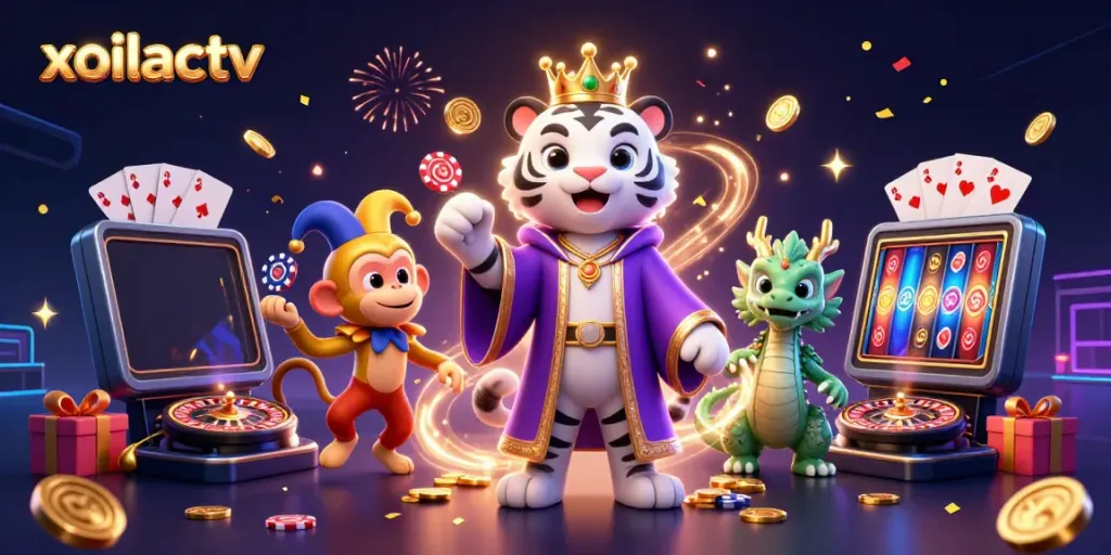 Experience thrilling moments in xoilactv with a vibrant casino illustration featuring a tiger and monkey.