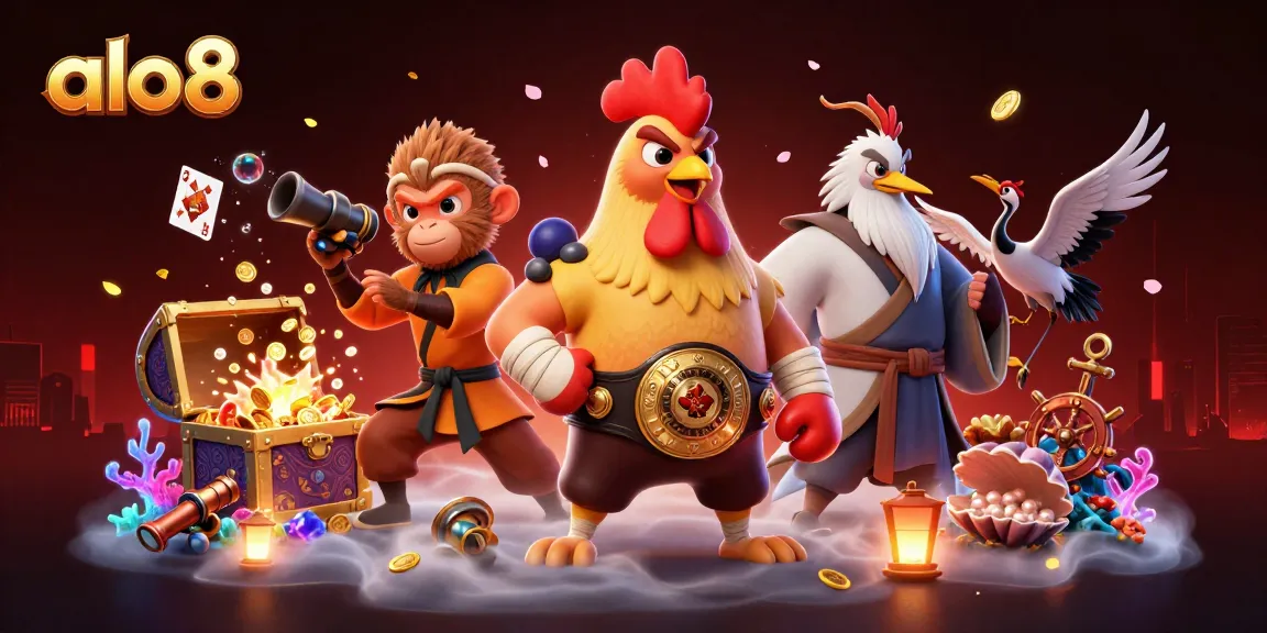 Experience thrilling bets and epic wins at alo8 with a dynamic 3D casino illustration featuring martial artists and underwater treasures.