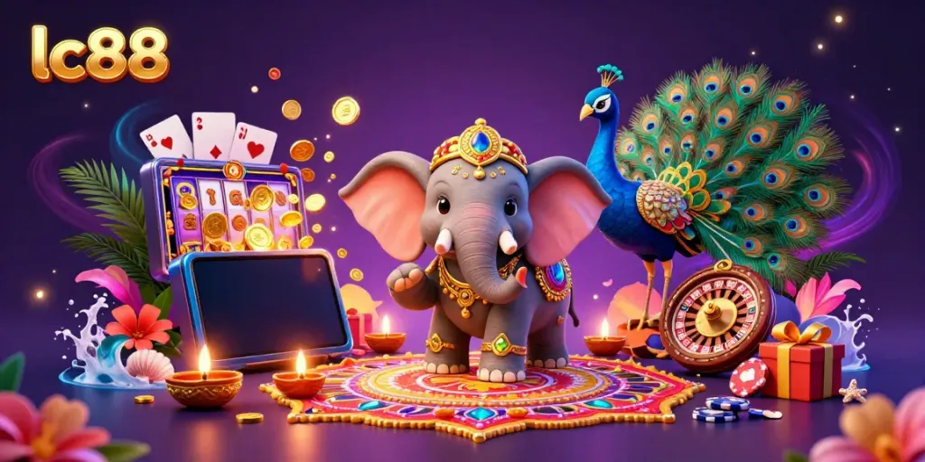 Experience thrilling gameplay at lc88 with colorful slots and vibrant casino elements in a dynamic scene.