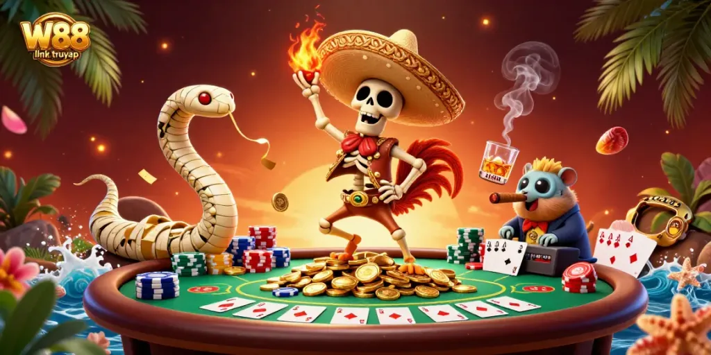 Join the excitement of W88 link truy cập with a vibrant scene featuring engaging characters in a lively casino atmosphere.