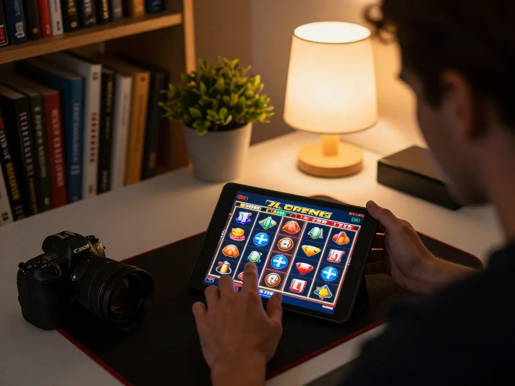 Player enjoying virtual slots on a tablet screen with dw8 interface in a cozy home setup.