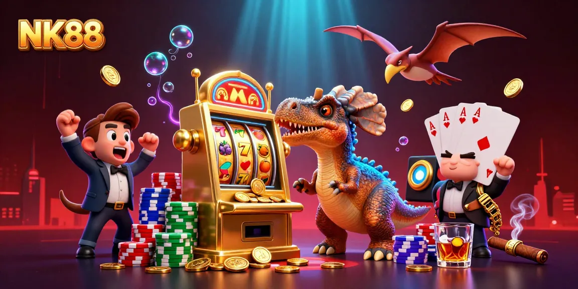 Engage with NK88 as a pachycephalosaurus triggers a jackpot, showcasing vibrant casino dynamics.