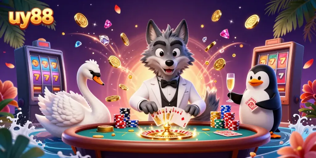 Experience excitement at uy88 with a lively baccarat game, featuring a stylish wolf, elegant swan dealer, and penguin sommelier.