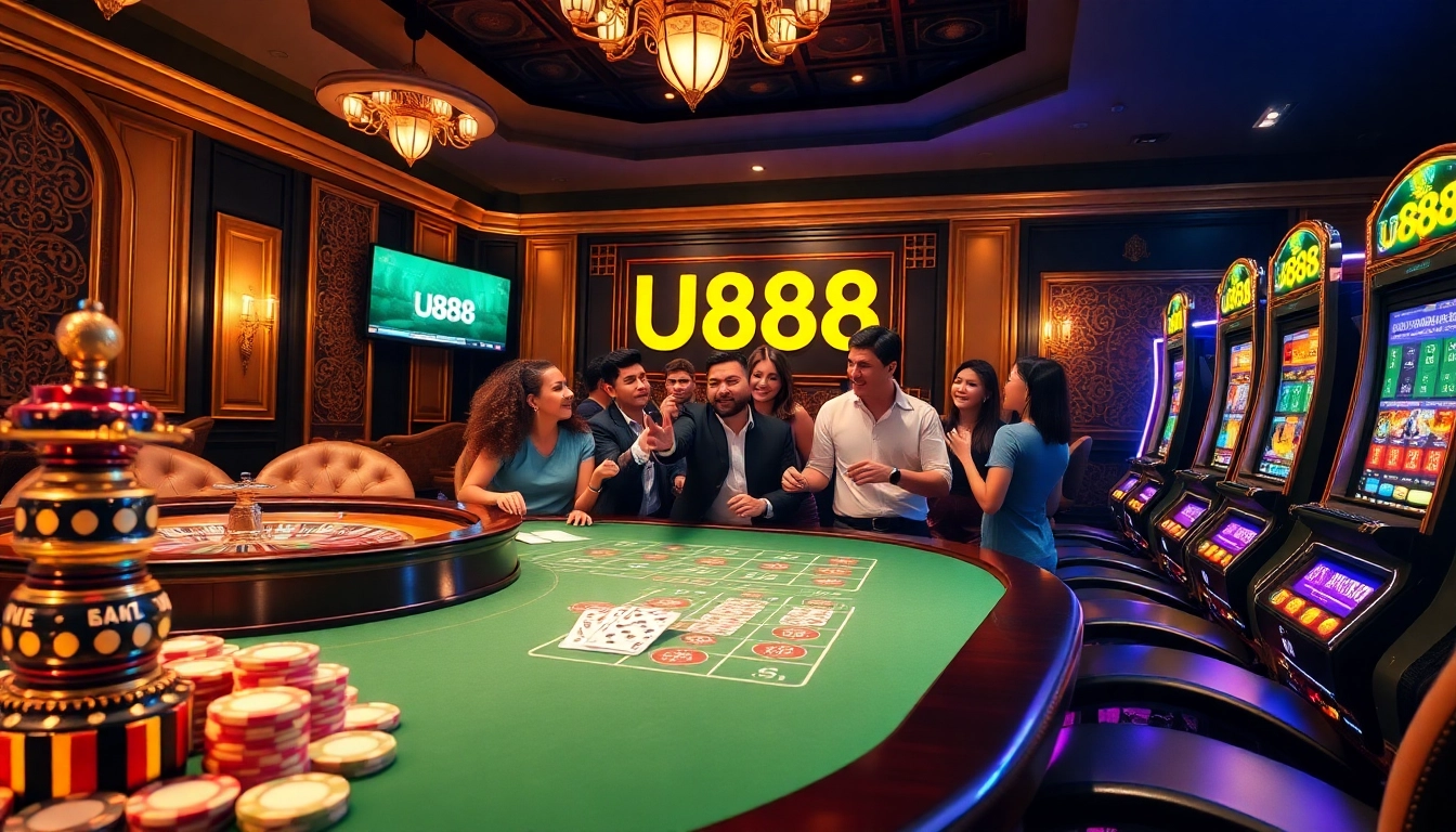 U888 showcases a vibrant casino atmosphere with poker games and luxurious design elements.