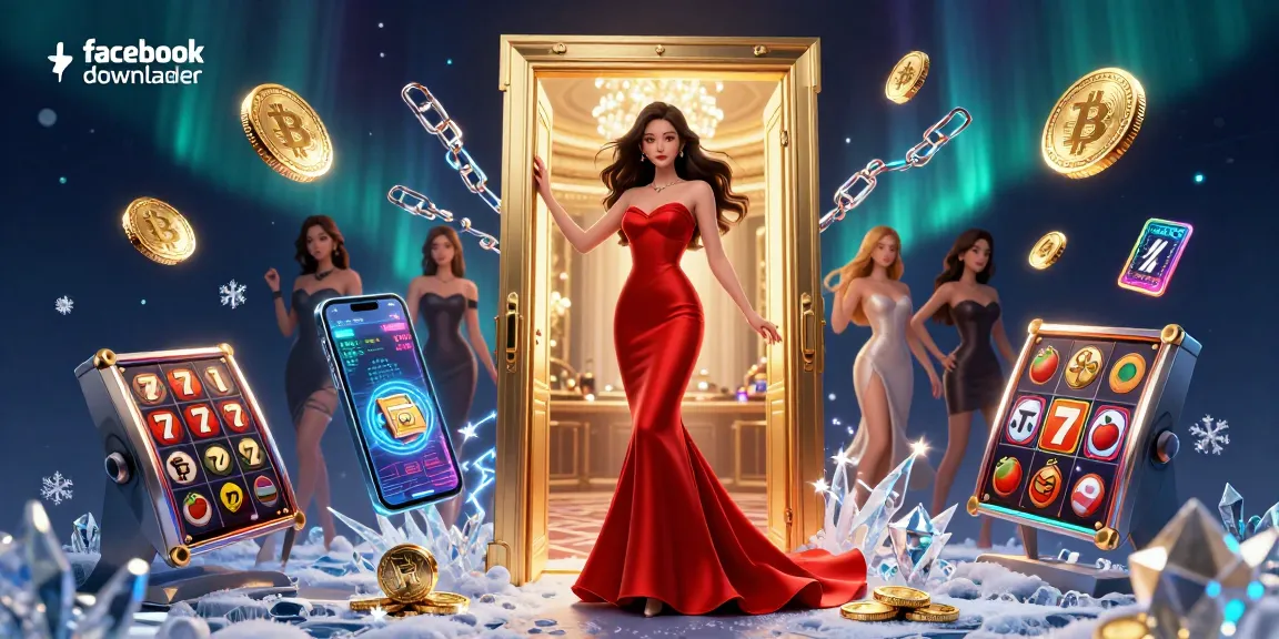 Download videos effortlessly with facebook downloader in a vibrant, casino-themed illustration.