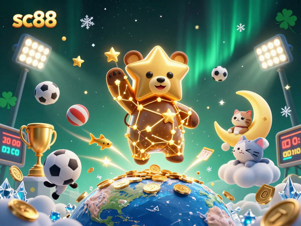 Win big with sc88 in this vibrant casino-themed 3D illustration, highlighting various sports and betting elements.
