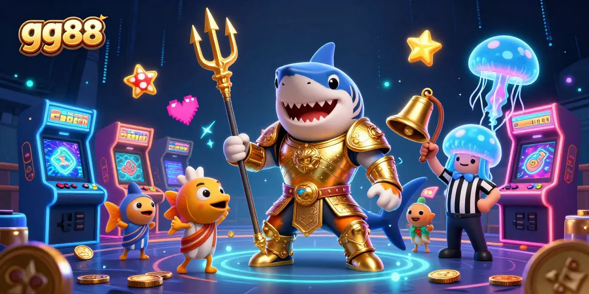gg88 offers immersive casino adventures with a shark gladiator, arcade elements, and vibrant energy.
